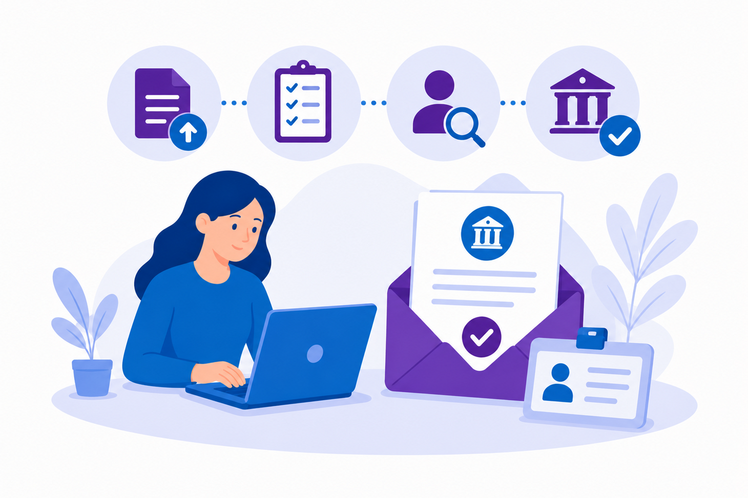 Illustration einer Person, die eine Bewerbung am Laptop bearbeitet. Die Grafik ist in Blau- und Lilatönen gehalten.