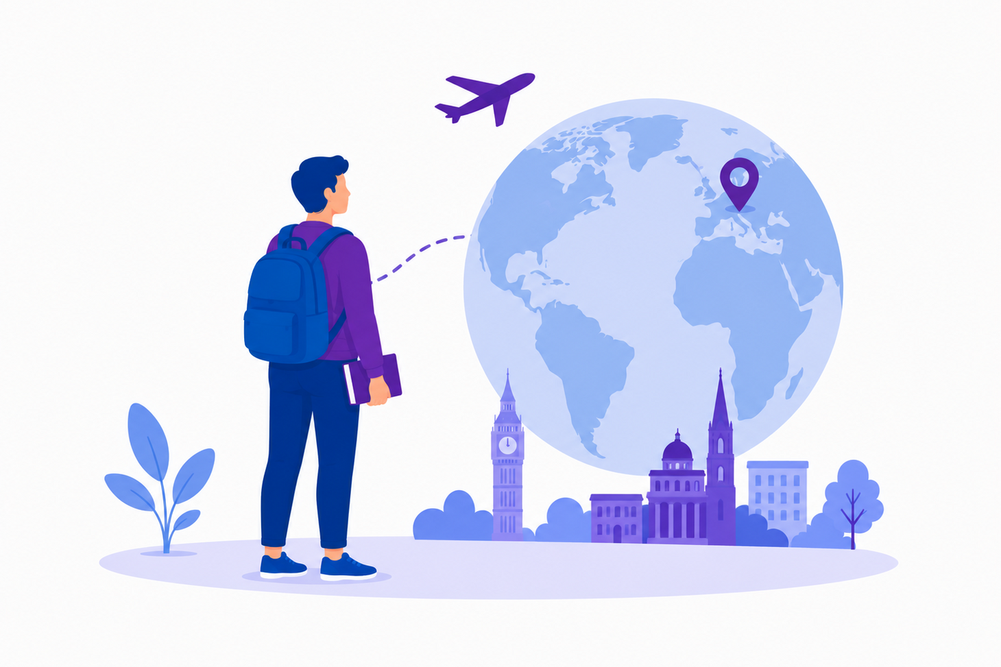 Illustration einer Person mit Rucksack, die auf eine Weltkugel mit Flugzeug und Reiseziel-Symbol blickt. Die Grafik ist in Blau- und Lilatönen gehalten.