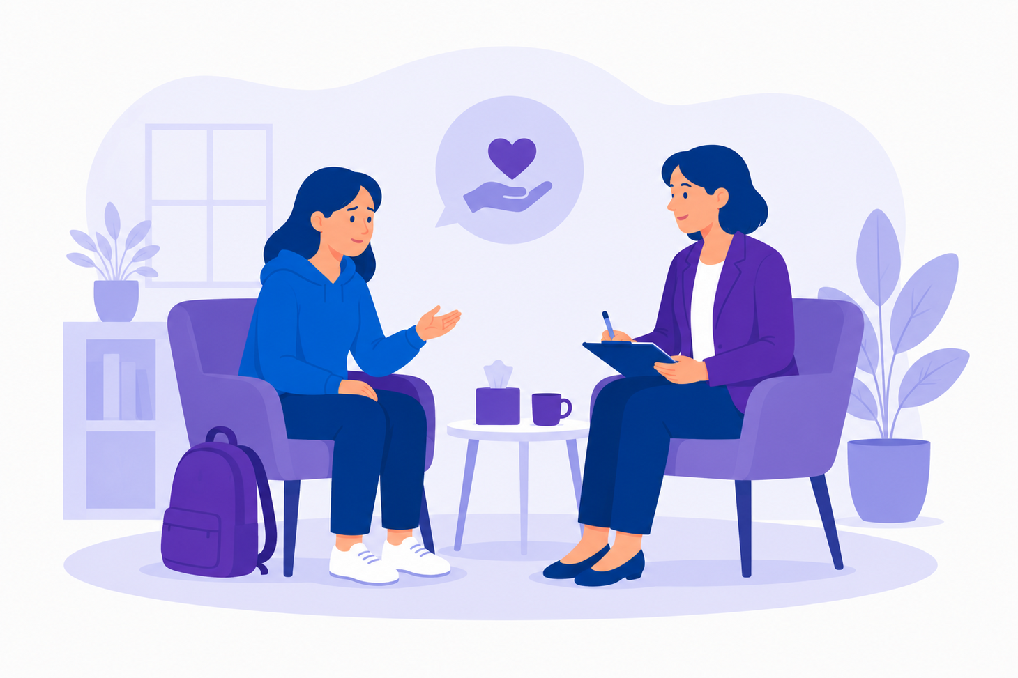 Illustration einer psychosozialen Beratung, bei der eine Person mit einer Beraterin in einem vertraulichen Gespräch sitzt. Die Grafik ist in Blau- und Lilatönen gehalten.