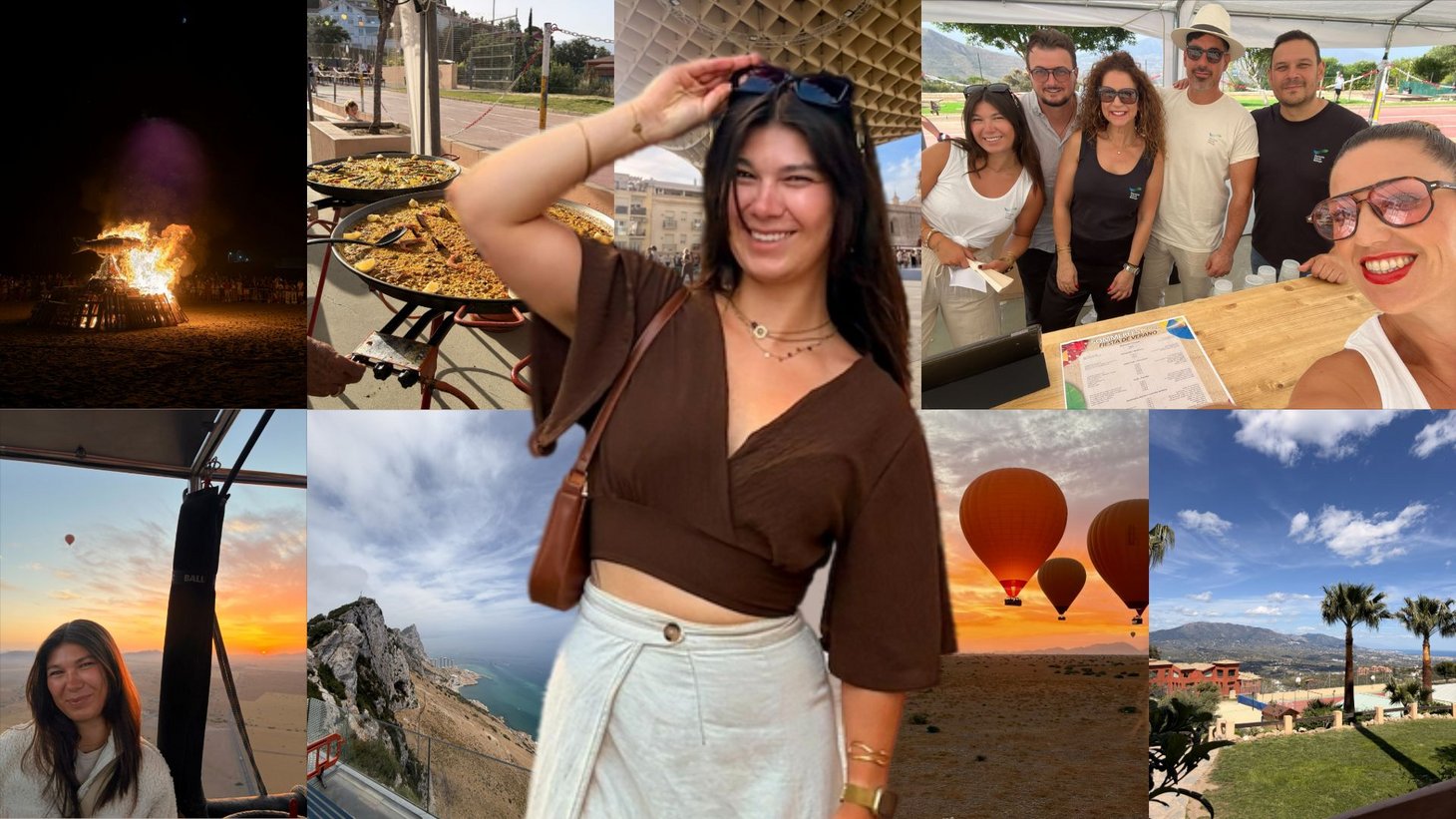 Collage aus Reisefotos mit einer lächelnden Person im Vordergrund, die vor den Bildern platziert ist.