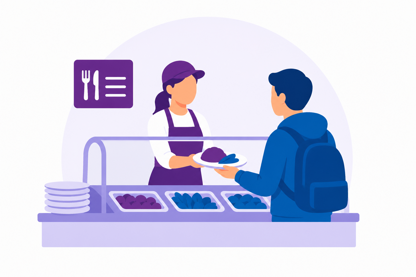 Illustration einer Essensausgabe in einer Mensa. Eine Person mit Tablett wird von einer Mitarbeitenden an der Ausgabetheke bedient. Im Vordergrund stehen verschiedene Speisen zur Auswahl. Die Grafik ist in Blau- und Lilatönen gehalten.