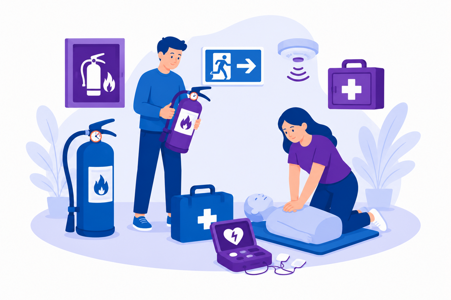 Illustration von Personen bei einer Brandschutz- und Erste-Hilfe-Übung mit Feuerlöscher, Wiederbelebungspuppe und Defibrillator. Die Grafik ist in Blau- und Lilatönen gehalten.