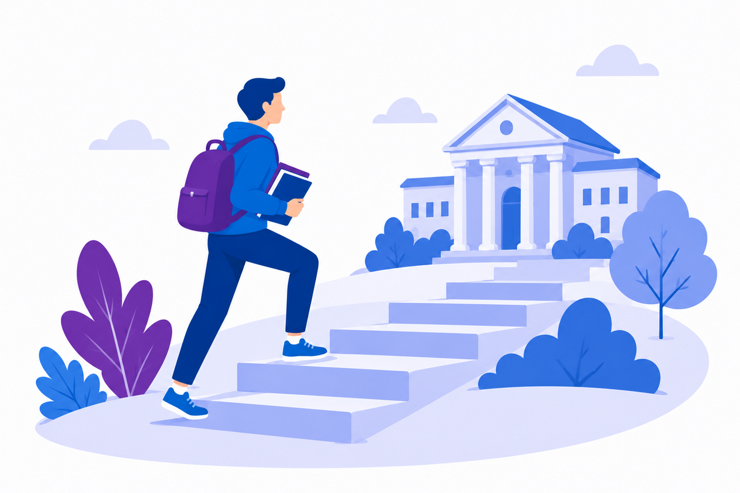 Illustration einer Person mit Rucksack, die eine Treppe zu einem Hochschulgebäude hinaufgeht. Die Grafik ist in Blau- und Lilatönen gehalten, mit stilisierten Pflanzen und Wolken im Hintergrund.