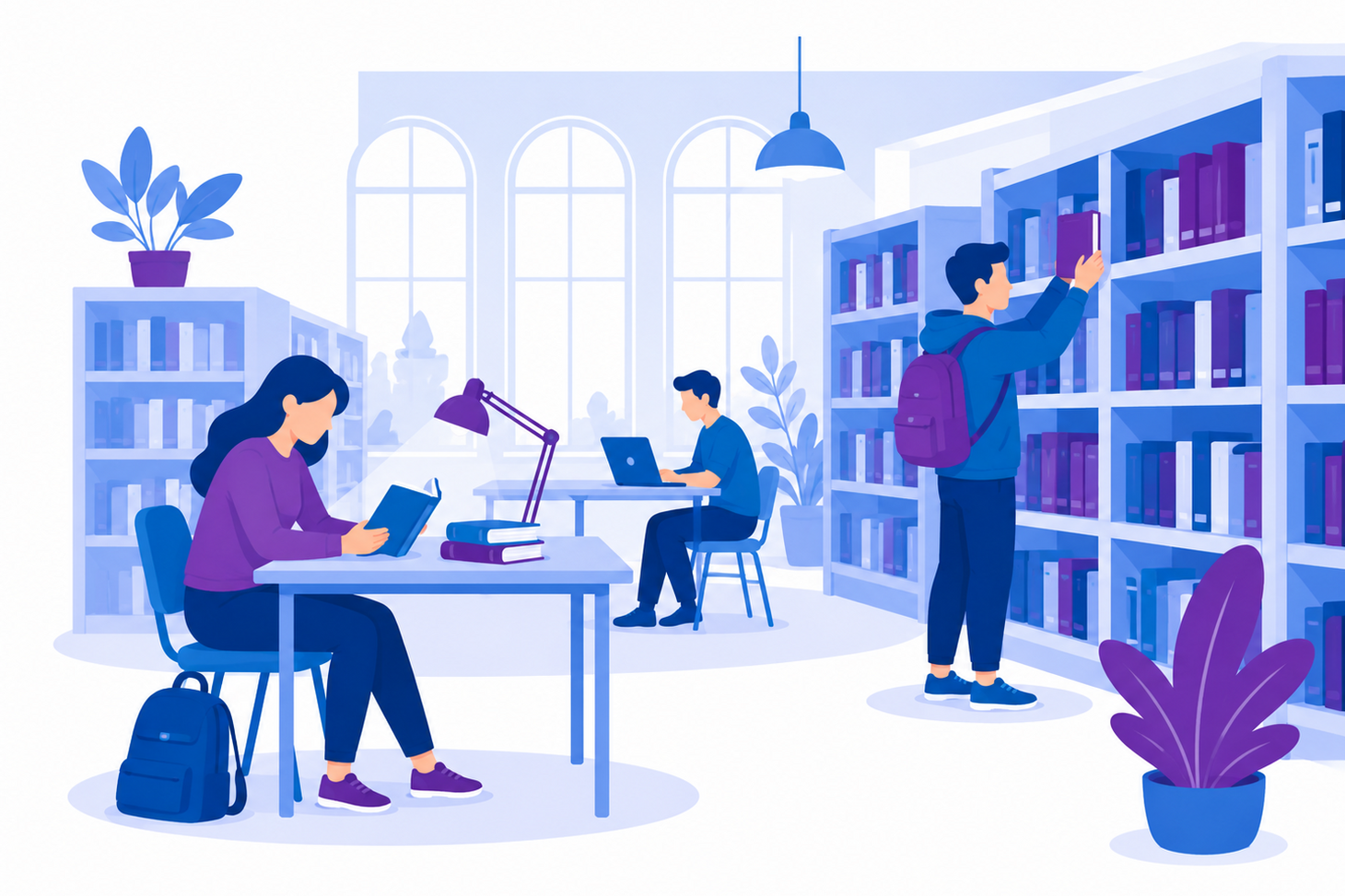 Illustration einer Bibliothek von innen. Personen sitzen an Tischen und lesen oder arbeiten am Computer, eine Person steht vor einem Bücherregal. Die Illustration ist in Blau- und Lilatönen gehalten. 