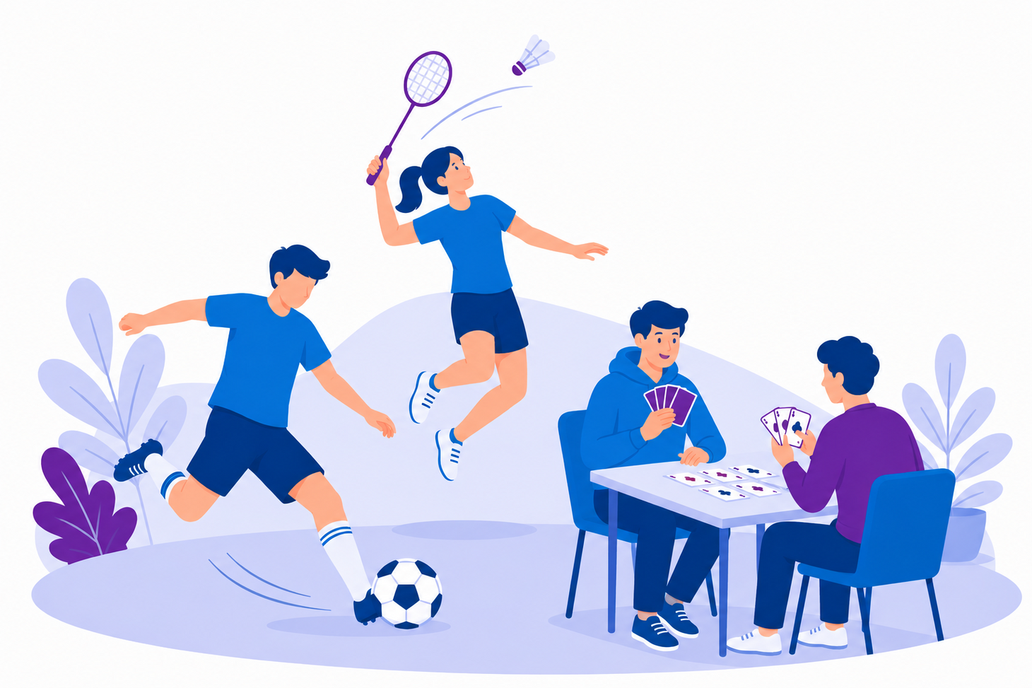 Illustration von Studierenden bei verschiedenen Freizeit- und Sportaktivitäten wie Fußball, Badminton und Kartenspielen. Die Grafik ist in Blau- und Lilatönen gehalten.