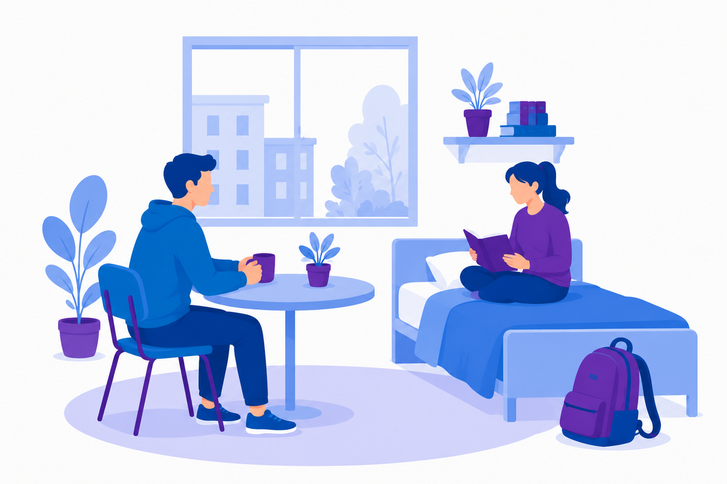 Zwei Studierende in einem Wohnheimzimmer: Eine Person sitzt mit einer Tasse am Tisch, die andere liest auf dem Bett. Im Raum stehen Pflanzen, ein Rucksack und es gibt ein Fenster mit Blick nach draußen. Die Grafik ist in Blau- und Lilatönen gehalten.