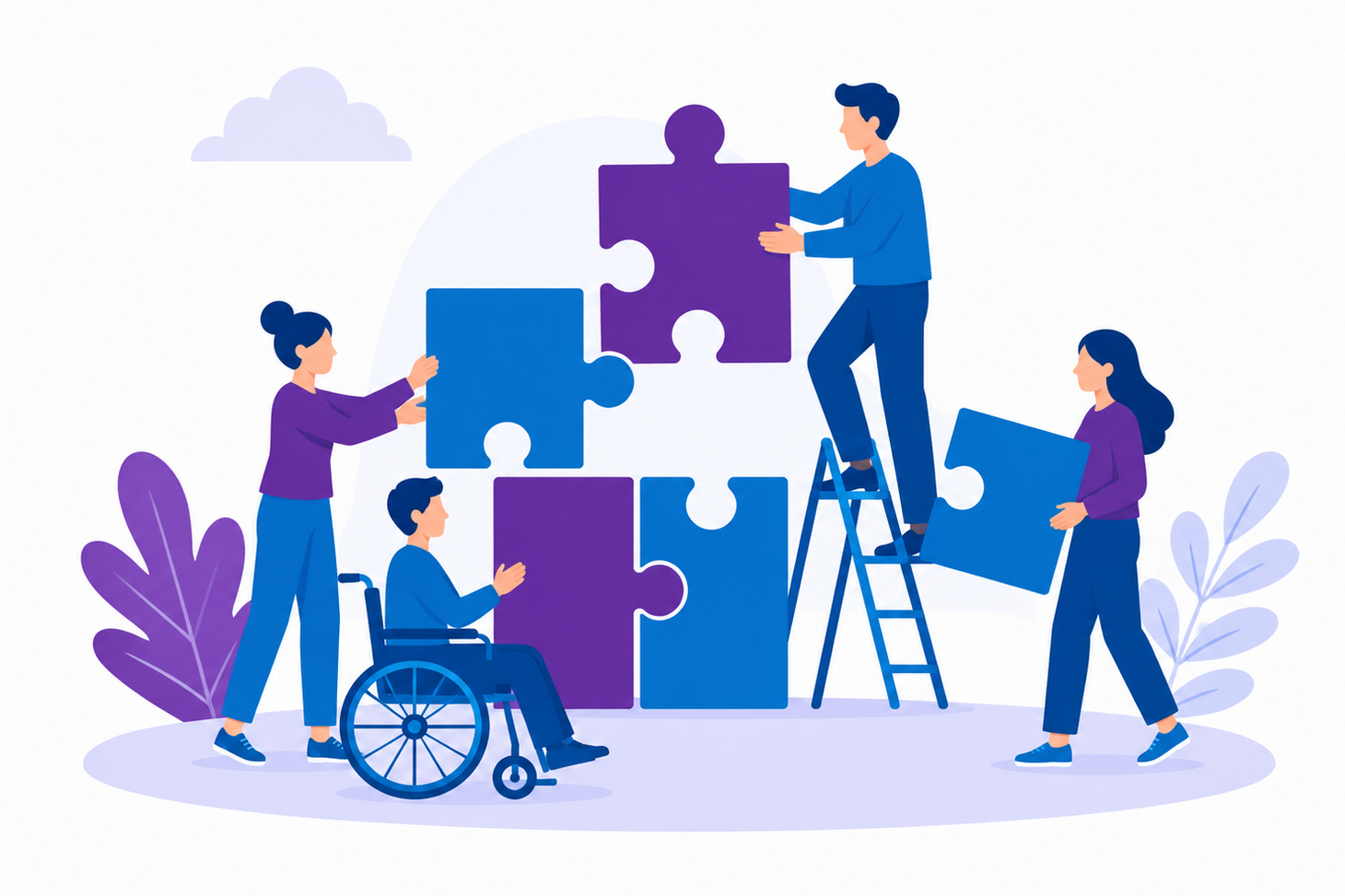 Illustration von mehreren Personen, die gemeinsam Puzzleteile zusammensetzen, darunter eine Person im Rollstuhl. Die Grafik ist in Blau- und Lilatönen gehalten.
