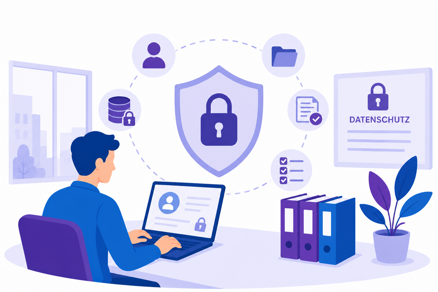 Illustration einer Person, die am Laptop mit Datenschutzinformationen arbeitet. Symbole für Datensicherheit, Dokumente und geschützte Daten stehen für den sicheren Umgang mit personenbezogenen Informationen. Die Grafik ist in Blau- und Lilatönen gehalten.