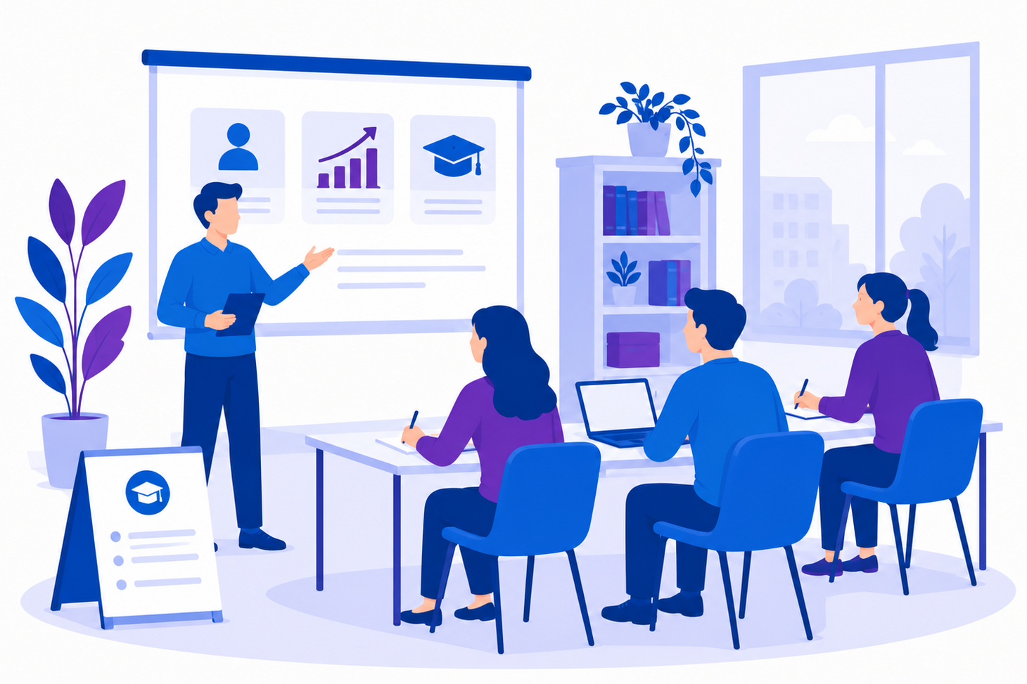 Illustration einer Fortbildung mit einer präsentierenden Person vor einer Gruppe von Teilnehmenden in einem Seminarraum. Die Teilnehmenden sitzen aufmerksam vor einer Präsentationswand mit Diagrammen und Grafiken.