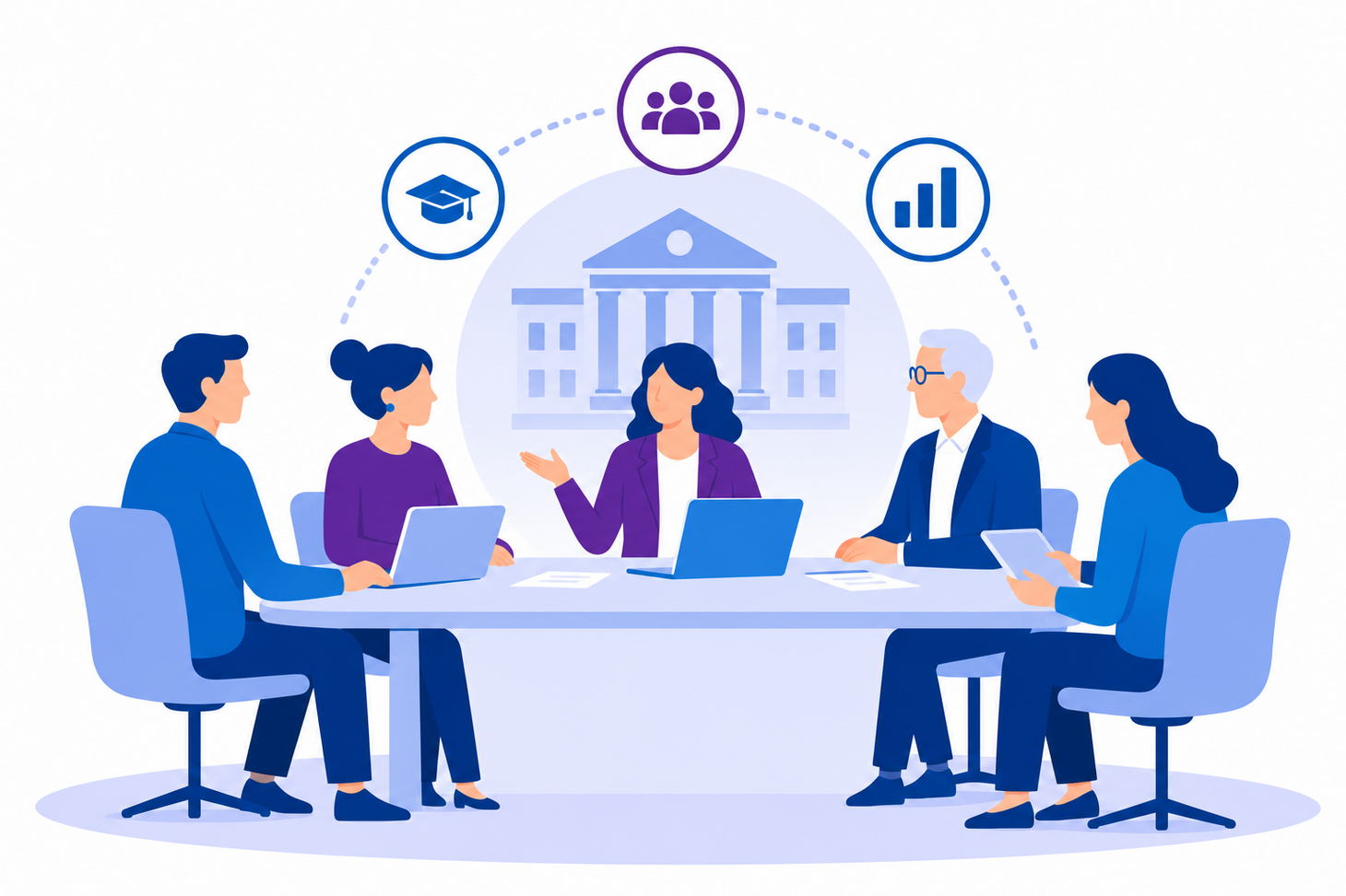 Illustration einer Sitzung des Hochschulrats mit mehreren Personen an einem Besprechungstisch. Die Grafik ist in Blau- und Lilatönen gehalten.
