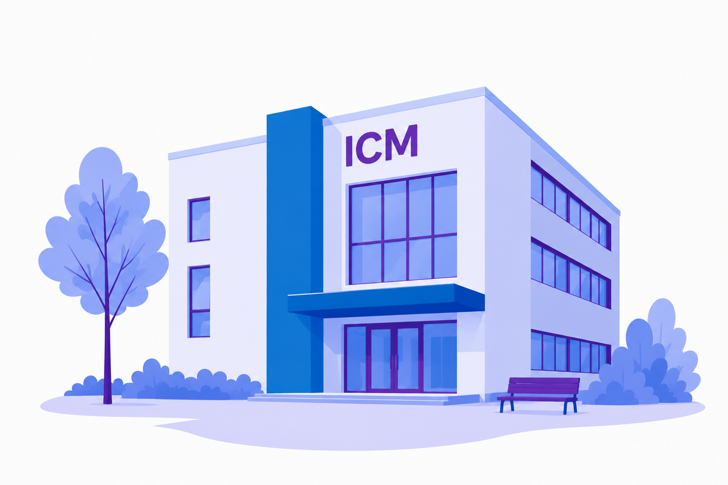 Illustration eines Gebäudes mit der Aufschrift "ICM". Die Grafik ist in Blau- und Lilatönen gehalten.