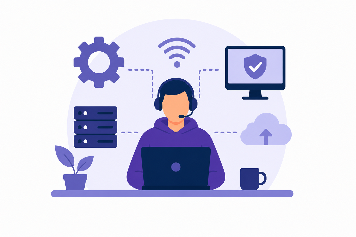 Illustation einer Person am Computer mit verschiedenen Symbolen, wie einem WLAN-Symbol oder Server im Hintergrund. Illustration einer Essensausgabe in einer Mensa. Eine Person mit Tablett wird von einer Mitarbeitenden an der Ausgabetheke bedient. Im Vordergrund stehen verschiedene Speisen zur Auswahl. Die Grafik ist in Blau- und Lilatönen gehalten.