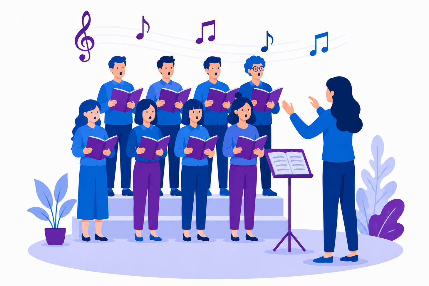 Illustration eines Hochschulchors mit einer Chorleitung und mehreren singenden Personen auf einer Bühne. Die Grafik ist in Blau- und Lilatönen gehalten.
