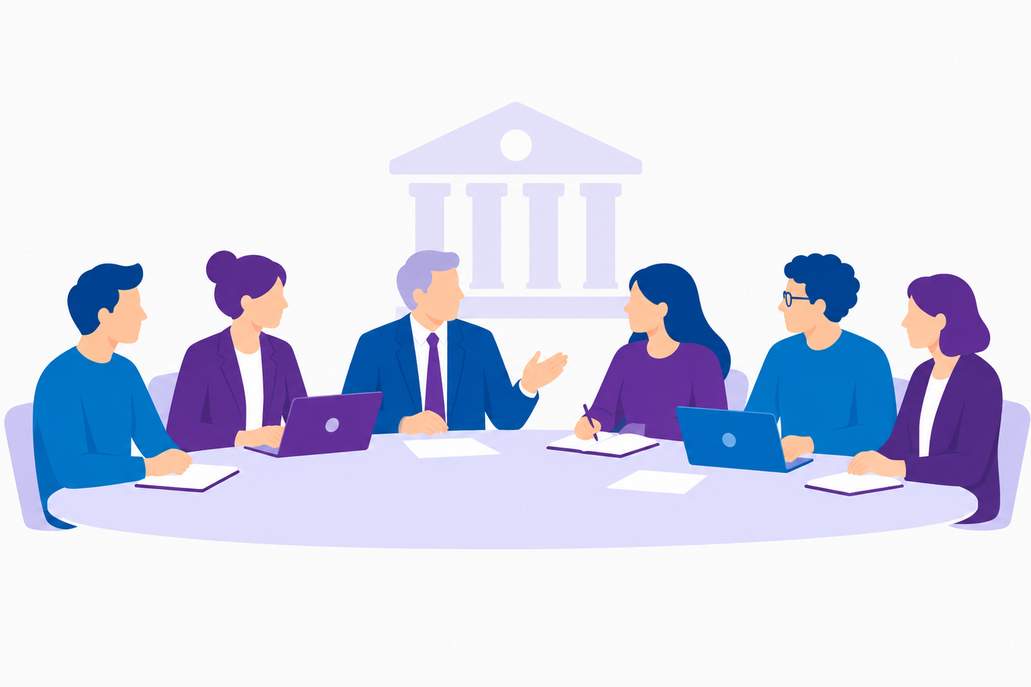 Illustration einer Sitzung des Senats mit mehreren Personen an einem Besprechungstisch. Die Grafik ist in Blau- und Lilatönen gehalten.