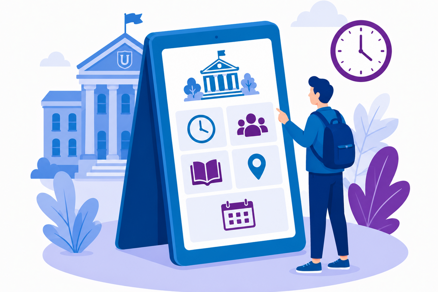 Illustration einer Person, die auf einem Tablet die Öffnungszeiten und Informationen einer Hochschule aufruft. Die Grafik ist in Blau- und Lilatönen gehalten.