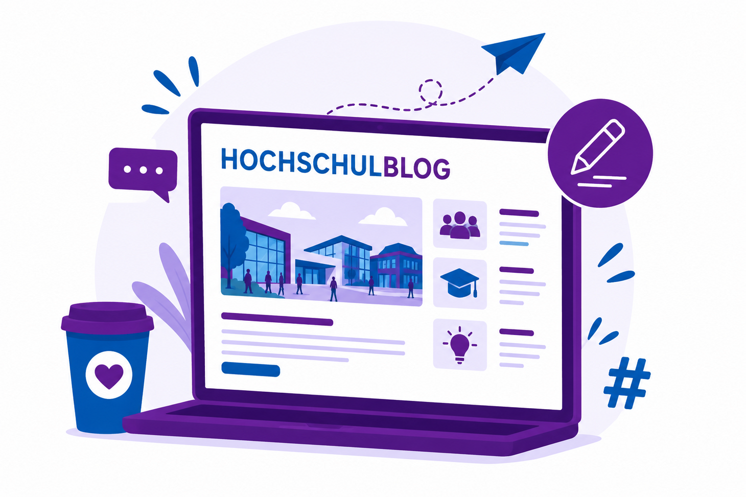 Illustration eines Laptops mit Blogbeitrag. Die Grafik ist in Blau- und Lilatönen gehalten.