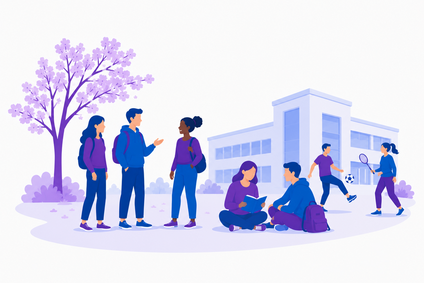 Illustration von Personen, die lernen, sich unterhalten und Sport auf dem Campus treiben. Die Grafik ist in Blau- und Lilatönen gehalten.