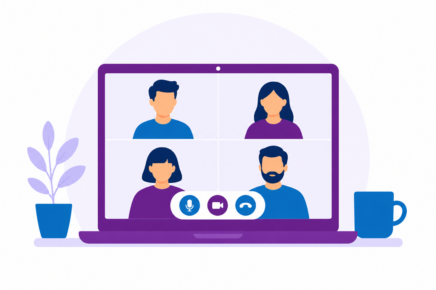 Teaser_Videokonferenzsysteme Illustration eines Laptops, auf dem eine Videokonferenz mit mehreren Teilnehmern gehalten wird. Die Grafik ist in Blau- und Lilatönen gehalten.