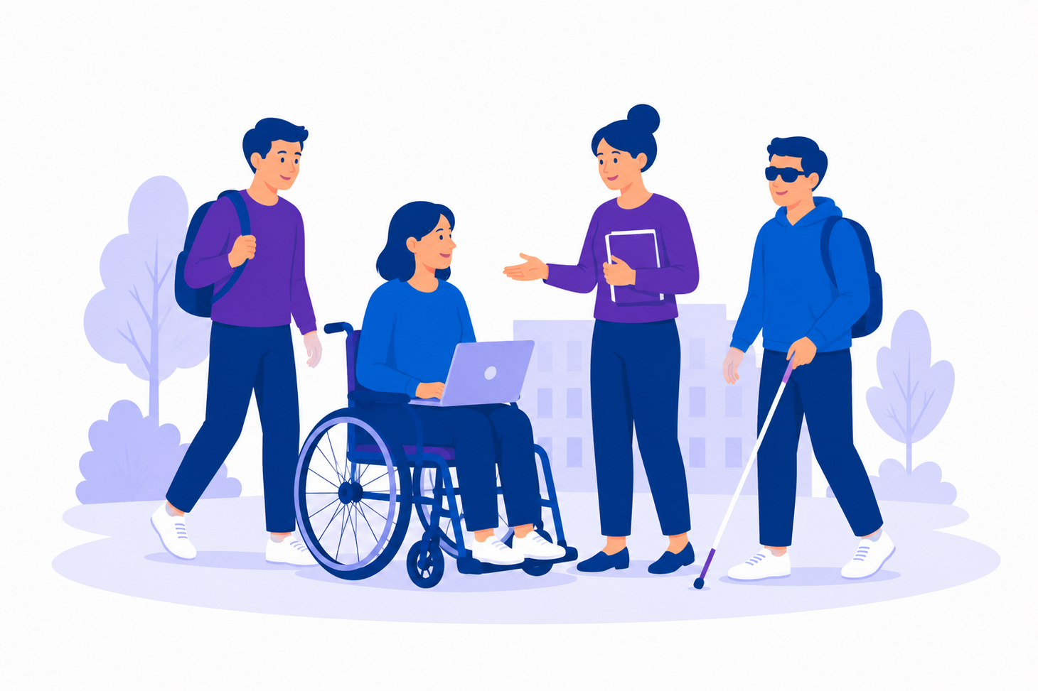 Illustration von Studierenden mit unterschiedlichen Beeinträchtigungen im Austausch auf dem Campus, darunter eine Person im Rollstuhl und eine Person mit Langstock. Die Grafik ist in Blau- und Lilatönen gehalten.