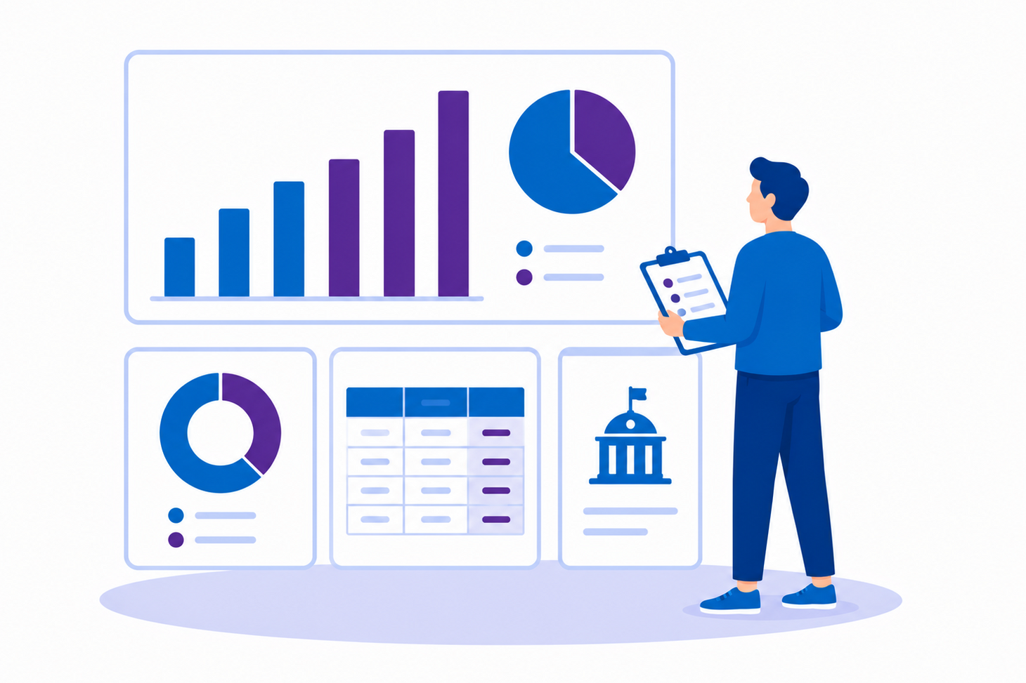 Stilistische Illustration einer Person vor verschiedenen Diagrammen und Graphen. Die Grafik ist in Blau- und Lilatönen gehalten.