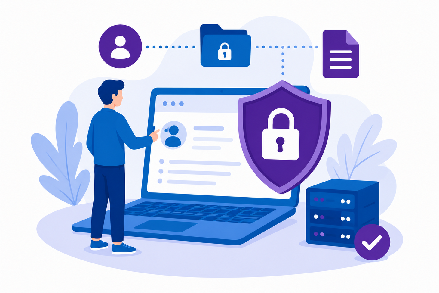 Datenschutz Stilisierte Illustration einer Person vor einem lebensgroßen Computer mit verschiedenen Sicherheitssymbolen im Hintergrund.Illustration einer Essensausgabe in einer Mensa. Eine Person mit Tablett wird von einer Mitarbeitenden an der Ausgabetheke bedient. Im Vordergrund stehen verschiedene Speisen zur Auswahl. Die Grafik ist in Blau- und Lilatönen gehalten.