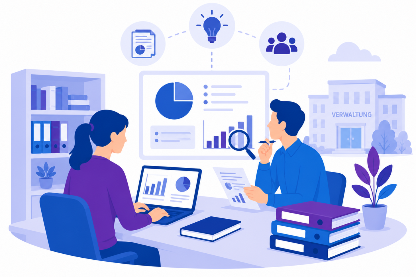 Illustration von zwei Personen, die gemeinsam Forschungsdaten analysieren. Auf einem großen Bildschirm sowie auf einem Laptop sind Diagramme und Auswertungen zu sehen. Dokumente, Ordner und Analyse-Symbole wie Lupe, Glühbirne und Grafiken verdeutlichen den Forschungsprozess.