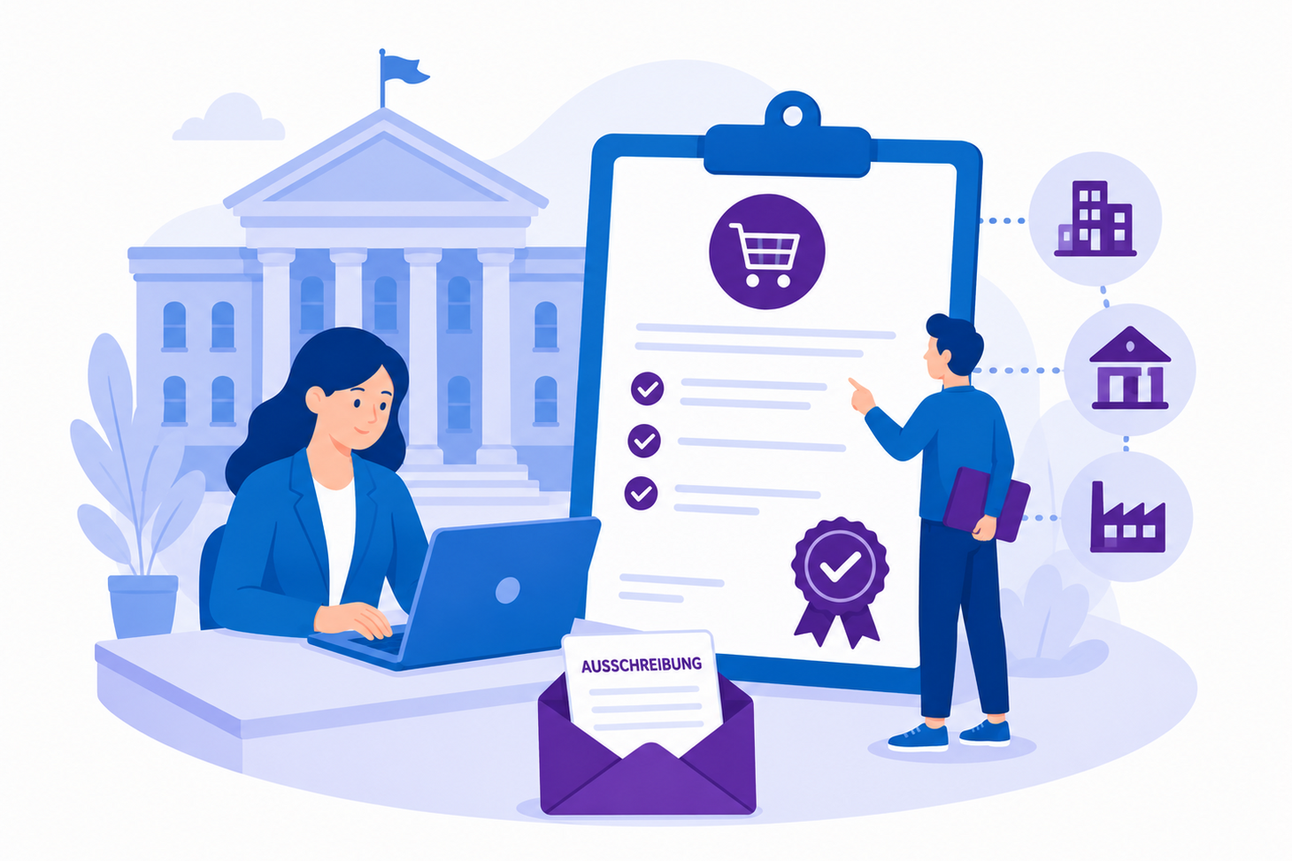 Illustration einer Person, die eine Ausschreibung am Laptop bearbeitet, während eine weitere Person eine Vergabeliste prüft. Symbole stehen für den Vergabeprozess und verschiedene Einrichtungen. Die Grafik ist in Blau- und Lilatönen gehalten.