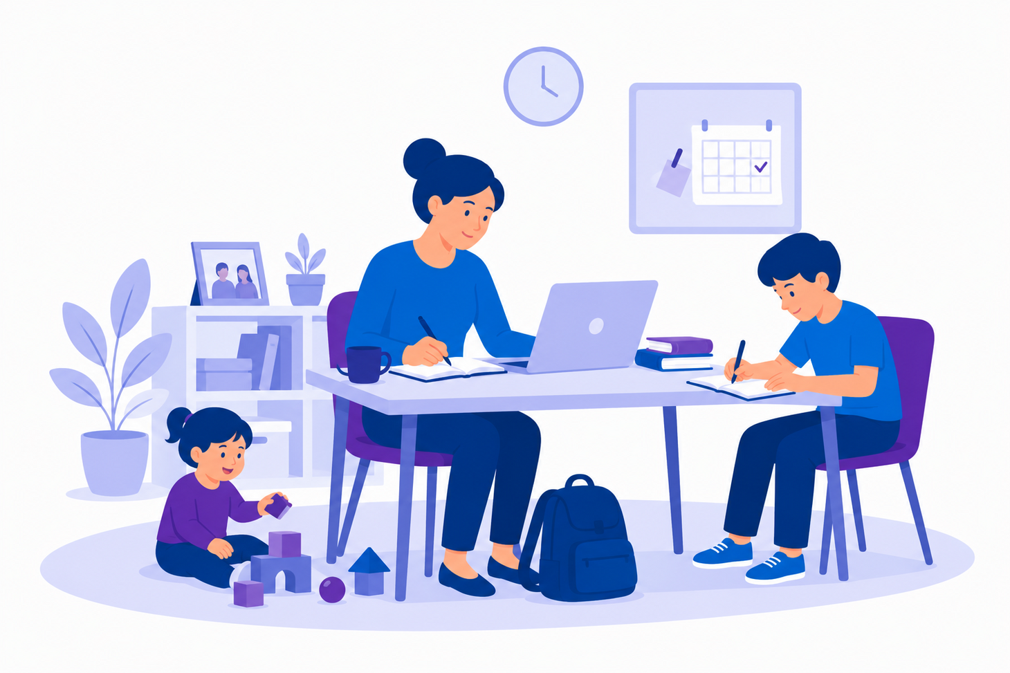 Illustration einer Person, die am Laptop arbeitet, während daneben ein Schulkind lernt und ein Kleinkind spielt. Die Grafik ist in Blau- und Lilatönen gehalten.