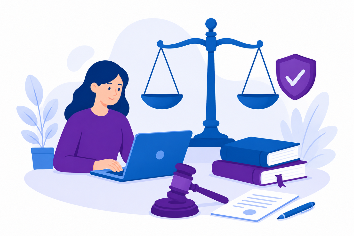 Illustration einer Person, die am Laptop arbeitet. Waage, Richterhammer, Gesetzesbücher und ein Schutzsymbol stehen für Rechtsgrundlagen und rechtliche Sicherheit. Die Grafik ist in Blau- und Lilatönen gehalten.