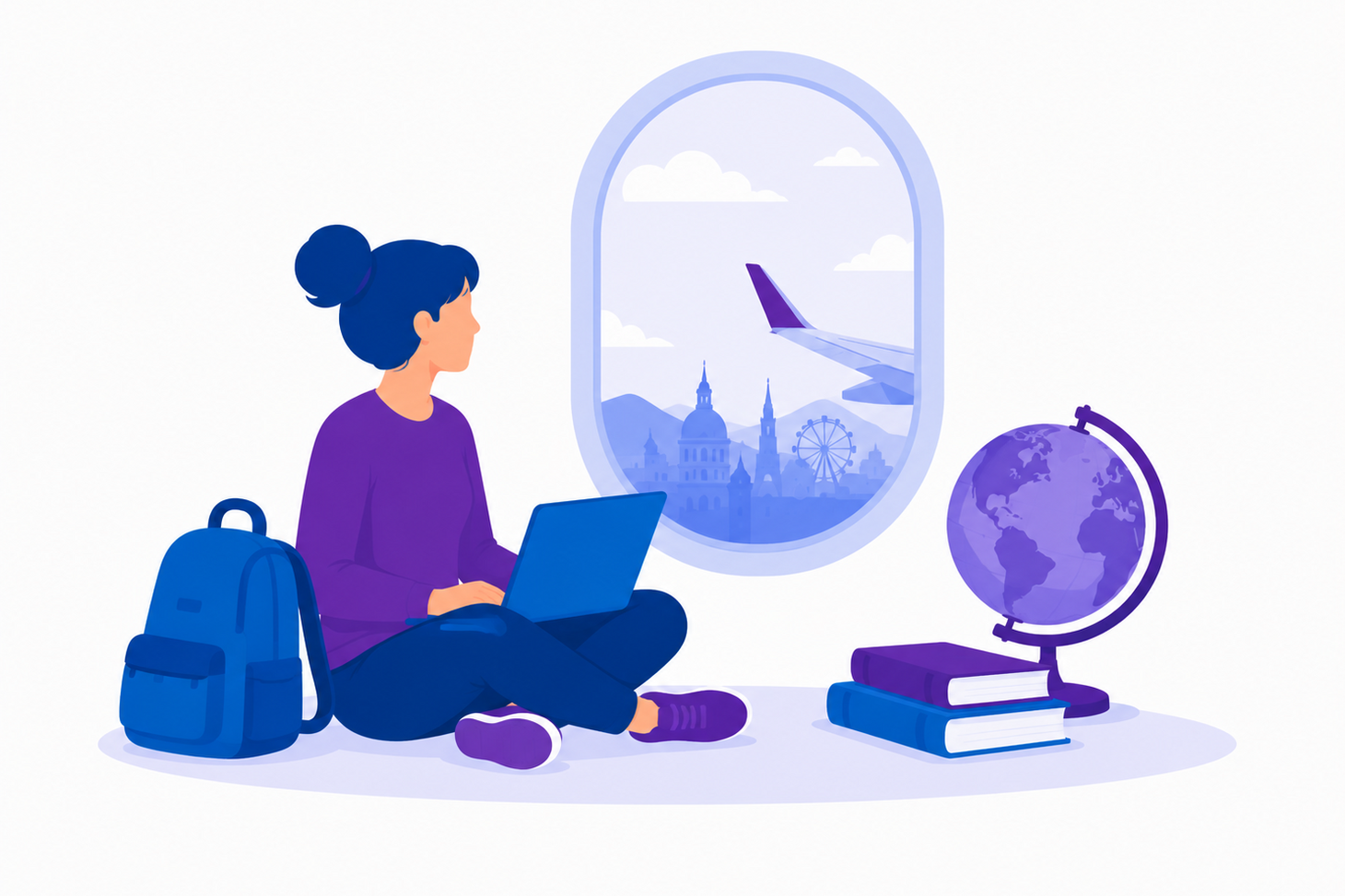 Illustration einer Person, die an einem Laptop arbeitet und aus einem Flugzeugfenster blickt. Die Grafik ist in Blau- und Lilatönen gehalten.