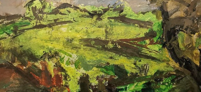 Abstrakt-expressive Landschaft mit leuchtenden Grün- und Gelbtönen. Kräftige Pinselstriche und dunkle Kontraste deuten Wiesen, Wege und Baumformen an und erzeugen eine lebendige, naturverbundene Stimmung.