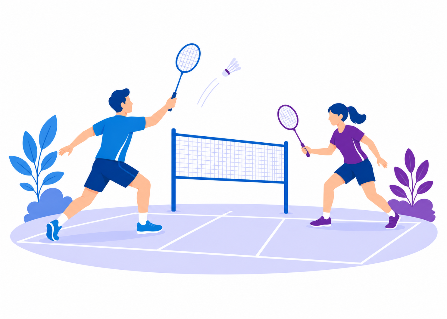 Zwei Personen spielen Badminton über ein Netz und schlagen einen Federball hin und her. Die Grafik ist in Blau- und Lilatönen gehalten.