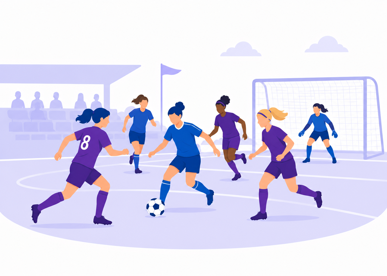 Mehrere Personen spielen Fußball auf einem Sportplatz vor einem Tor. Die Grafik ist in Blau- und Lilatönen gehalten.