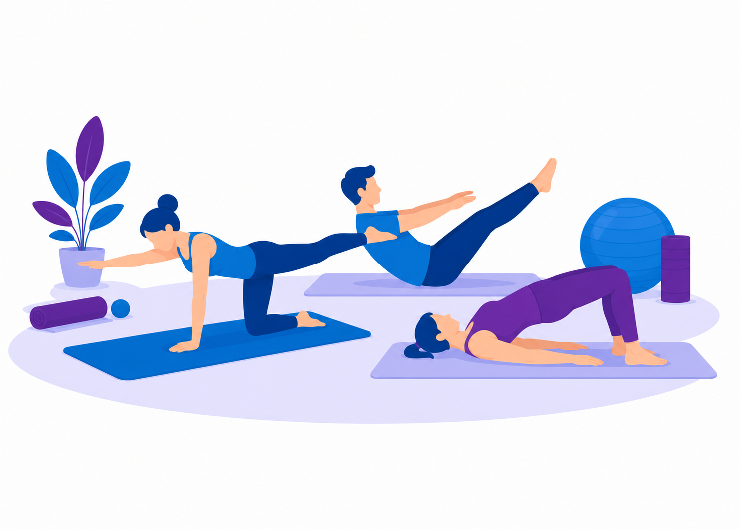 Drei Personen führen gemeinsam Pilates-Übungen auf Matten aus. Die Grafik ist in Blau- und Lilatönen gehalten.