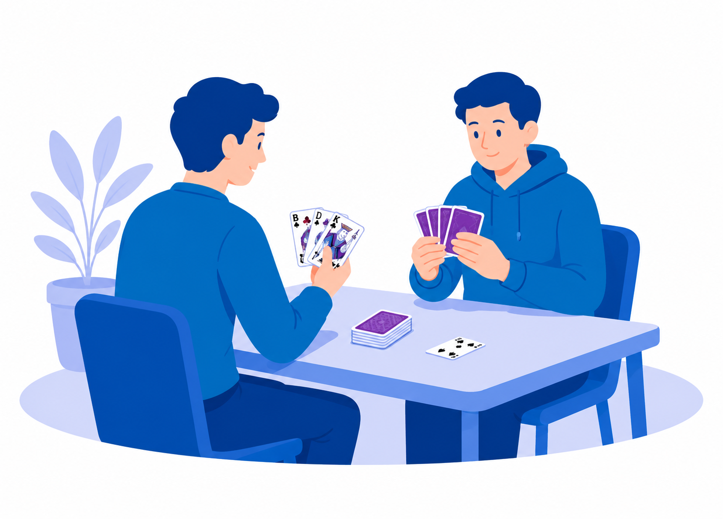 Illustration von zwei Personen, die an einem Tisch sitzen und Skat spielen. Die Grafik ist in Blau- und Lilatönen gehalten.