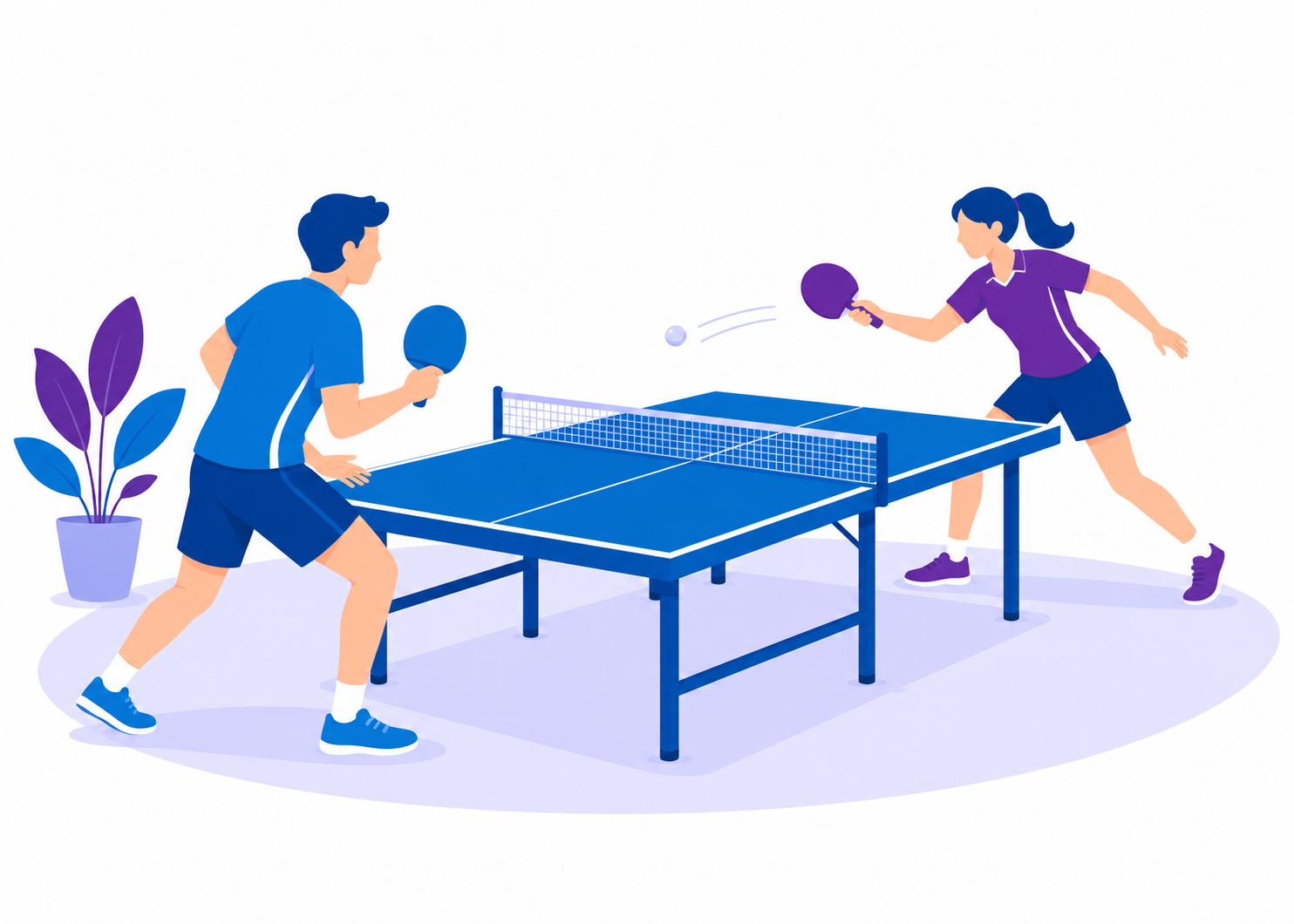 Zwei Personen spielen gemeinsam an einer Tischtennisplatte. Die Grafik ist in Blau- und Lilatönen gehalten.