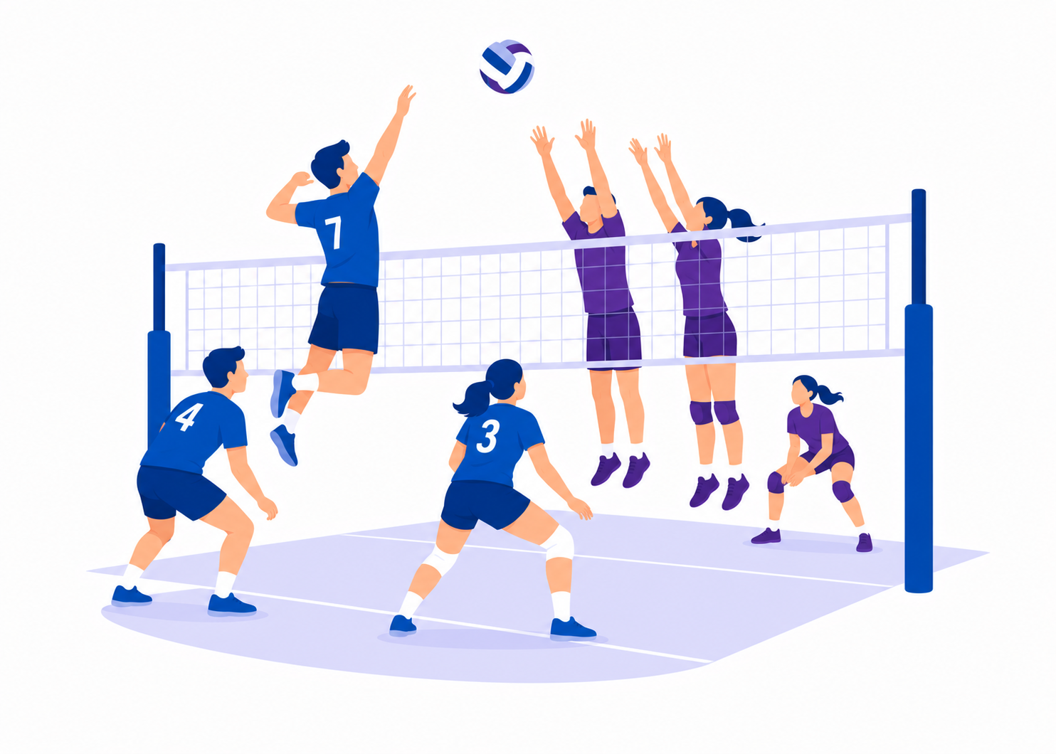 Mehrere Personen spielen Volleyball auf einem Sportplatz vor einem Netz. Die Grafik ist in Blau- und Lilatönen gehalten.